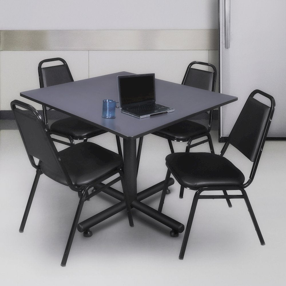 48 in. Square X-Base Breakroom Table- Grey, 4 Restaurant Stack Chairs- Black