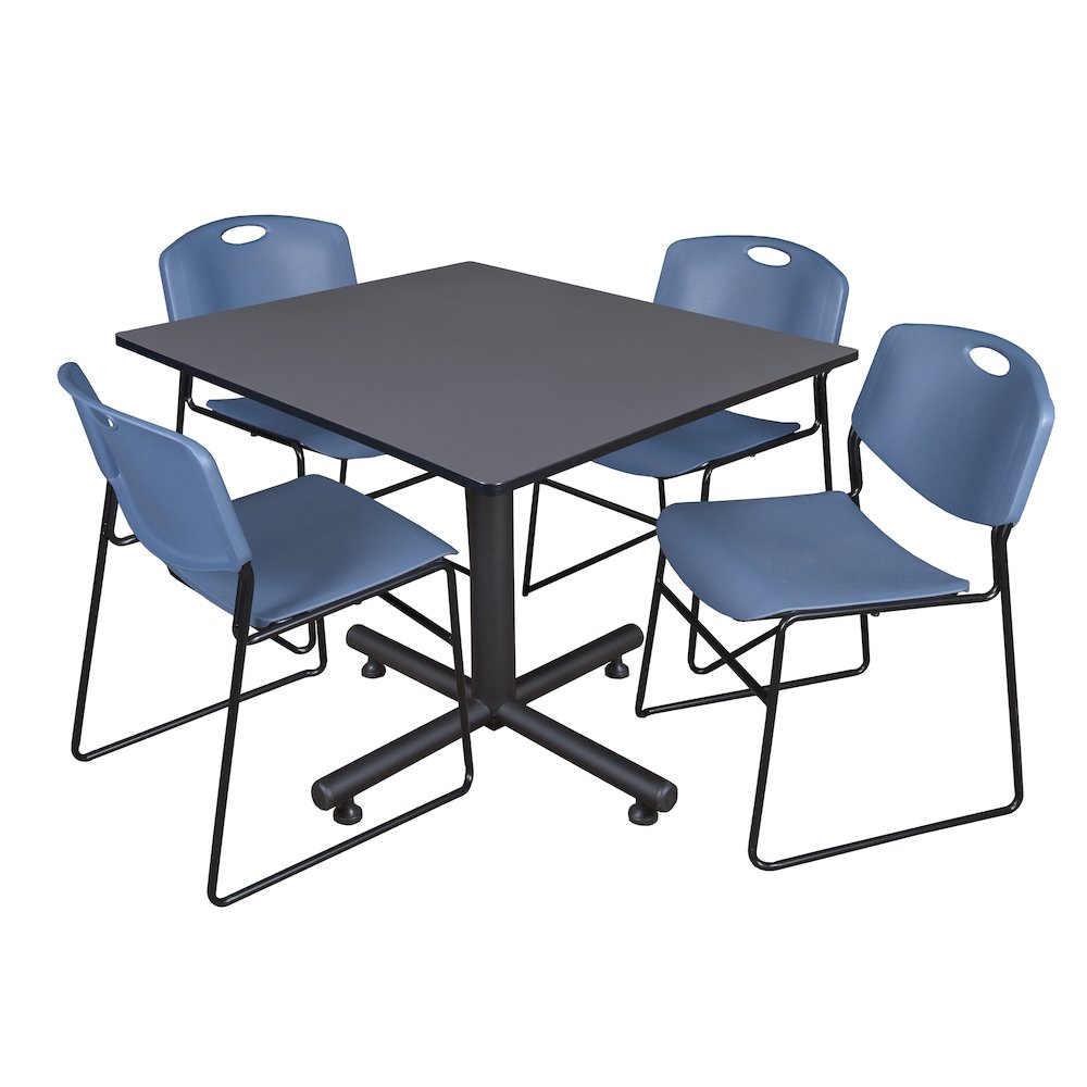 48 in. Square X-Base Breakroom Table- Grey, 4 Zeng Stack Chairs- Blue