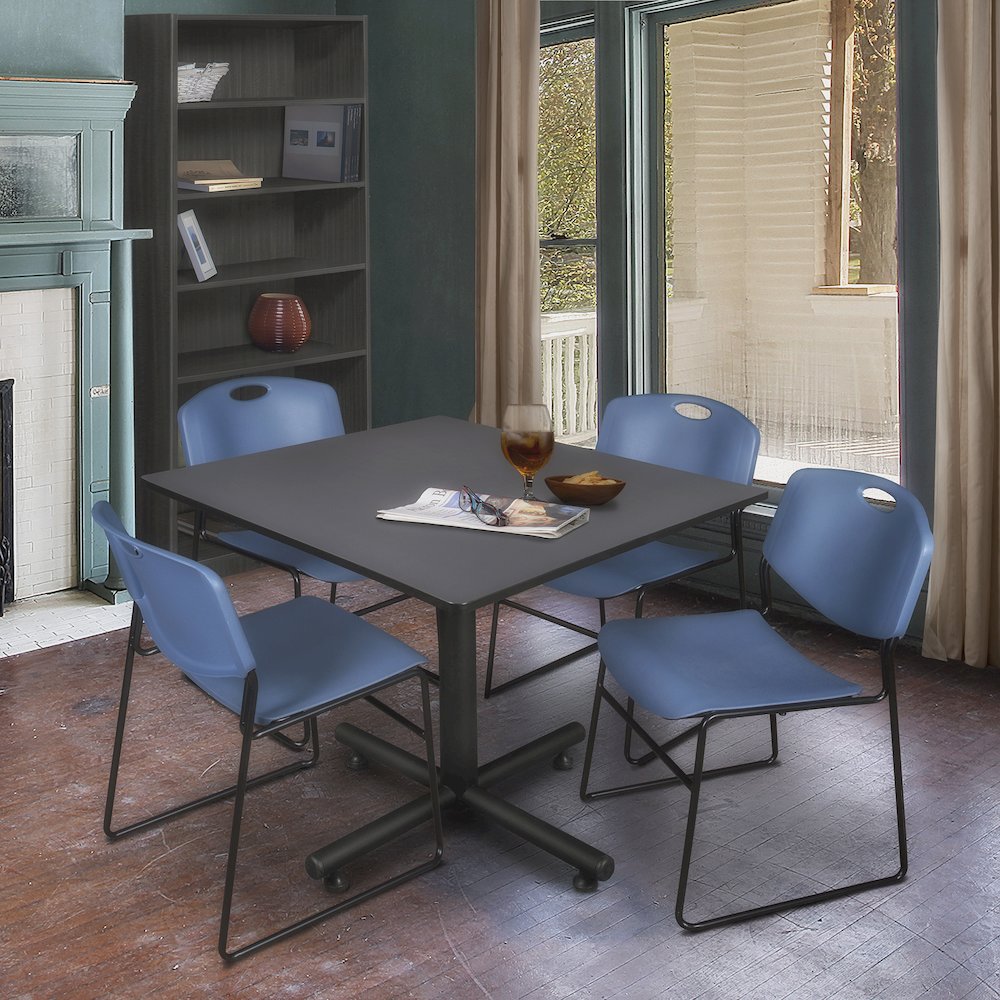 48 in. Square X-Base Breakroom Table- Grey, 4 Zeng Stack Chairs- Blue