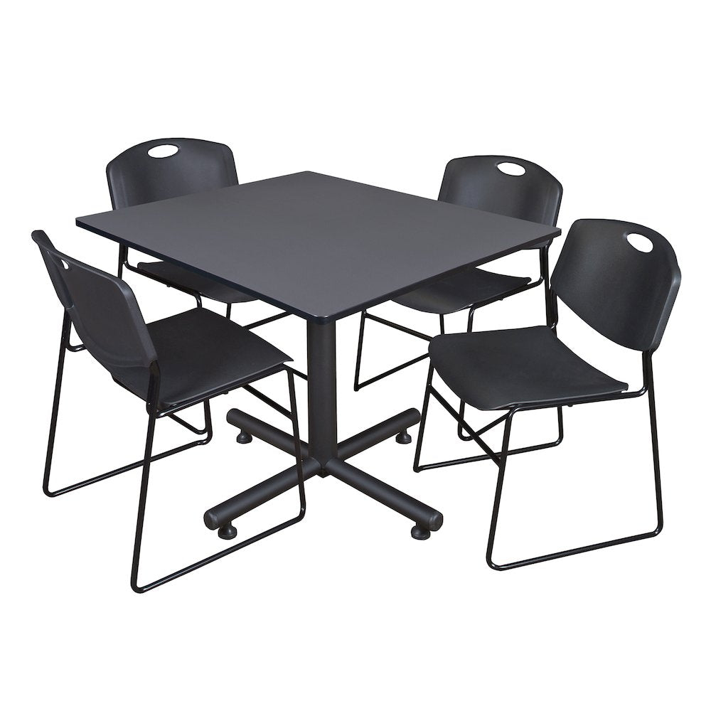 48 in. Square X-Base Breakroom Table- Grey, 4 Zeng Stack Chairs- Black