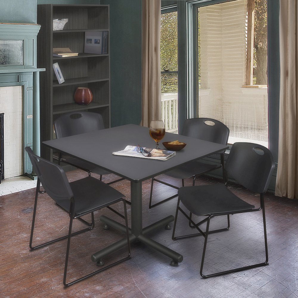48 in. Square X-Base Breakroom Table- Grey, 4 Zeng Stack Chairs- Black