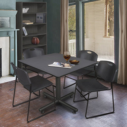 48 in. Square X-Base Breakroom Table- Grey, 4 Zeng Stack Chairs- Black
