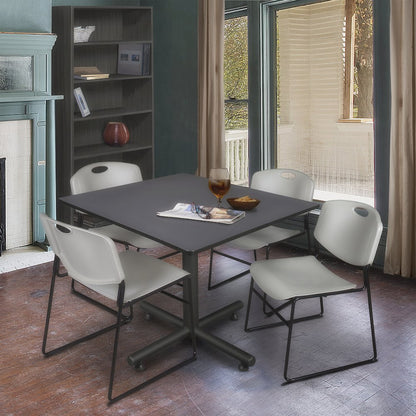 48 in. Square X-Base Breakroom Table- Grey, 4 Zeng Stack Chairs- Grey