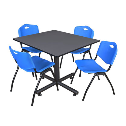 48 in. Square X-Base Breakroom Table- Grey, 4 M Stack Chairs- Blue