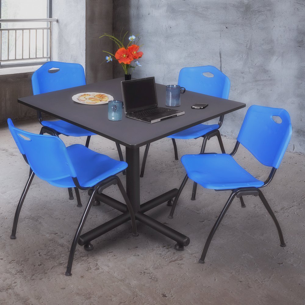 48 in. Square X-Base Breakroom Table- Grey, 4 M Stack Chairs- Blue