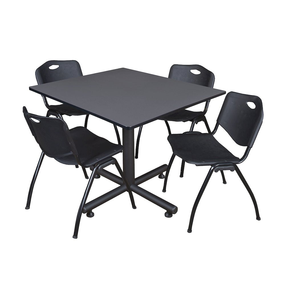 48 in. Square X-Base Breakroom Table- Grey, 4 M Stack Chairs- Black