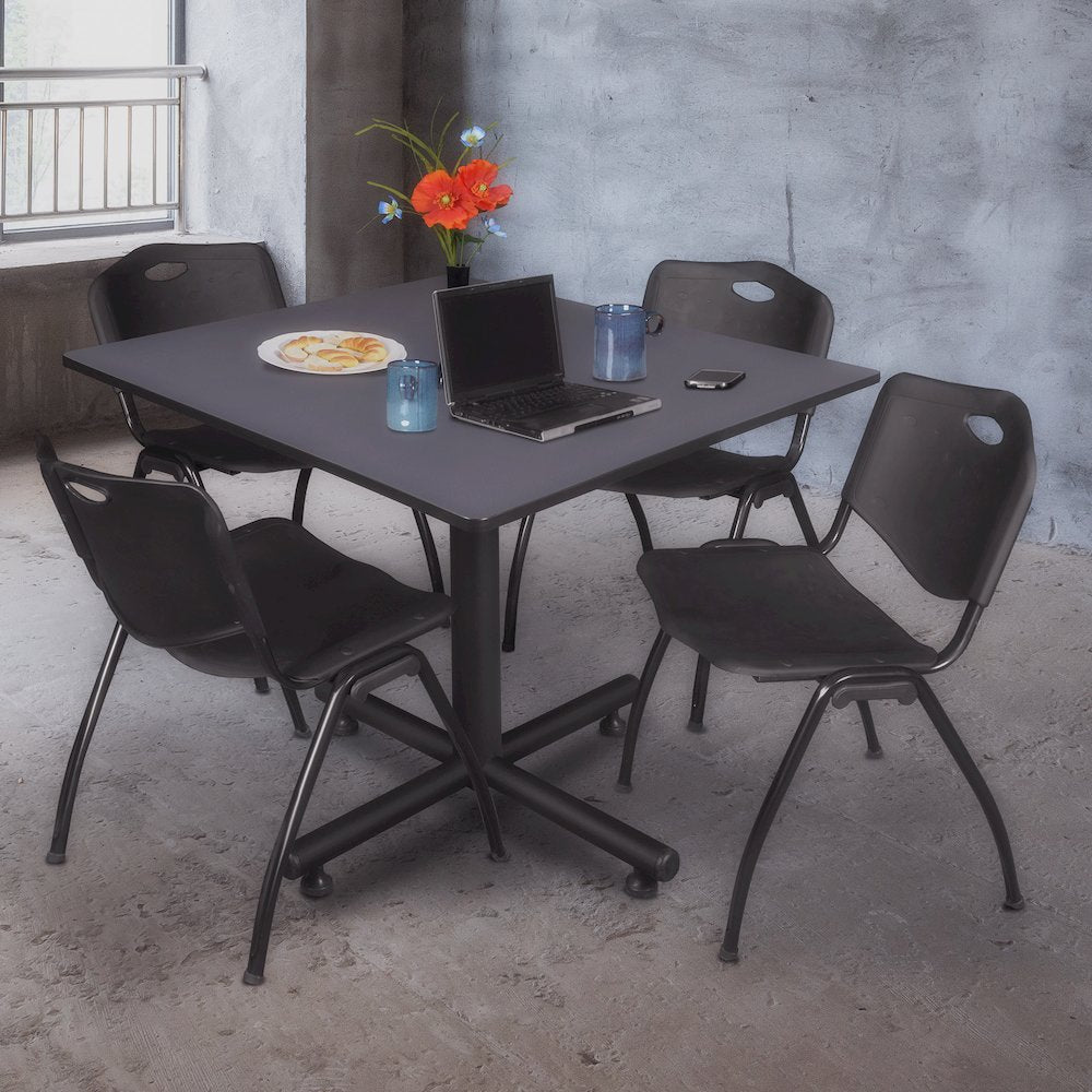 48 in. Square X-Base Breakroom Table- Grey, 4 M Stack Chairs- Black