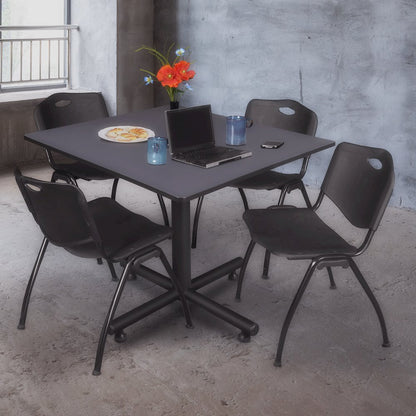 48 in. Square X-Base Breakroom Table- Grey, 4 M Stack Chairs- Black