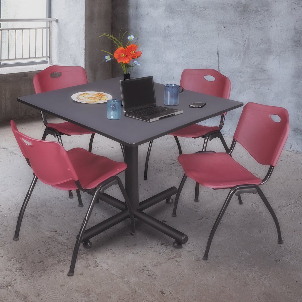 48 in. Square X-Base Breakroom Table- Grey, 4 M Stack Chairs- Burgundy