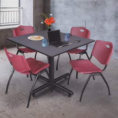 48 in. Square X-Base Breakroom Table- Grey, 4 M Stack Chairs- Burgundy