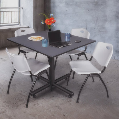 48 in. Square X-Base Breakroom Table- Grey, 4 M Stack Chairs- Grey