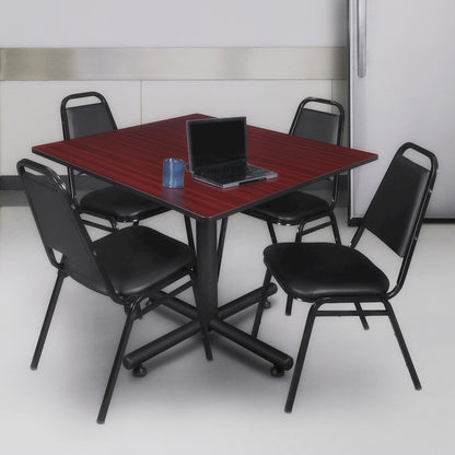 48 x 48 in. Square Breakroom Table- Mahogany, 4 Restaurant Stack Chairs- Black
