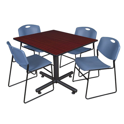 48 in. Square Breakroom Table- Mahogany, 4 Zeng Stack Chairs- Blue