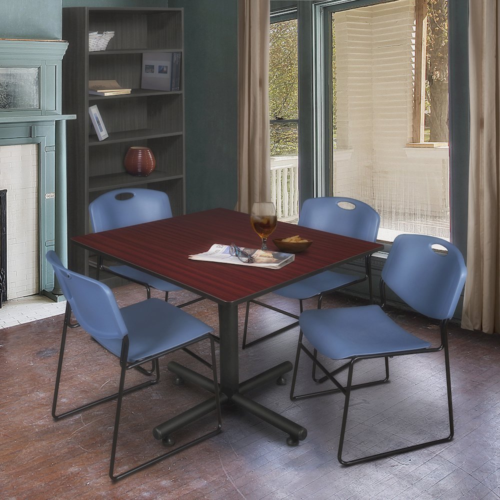 48 in. Square Breakroom Table- Mahogany, 4 Zeng Stack Chairs- Blue
