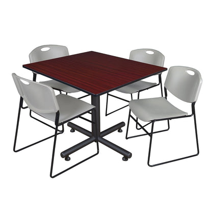 48 in. Square Breakroom Table- Mahogany, 4 Zeng Stack Chairs- Grey