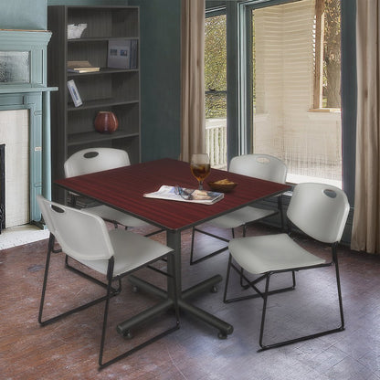 48 in. Square Breakroom Table- Mahogany, 4 Zeng Stack Chairs- Grey