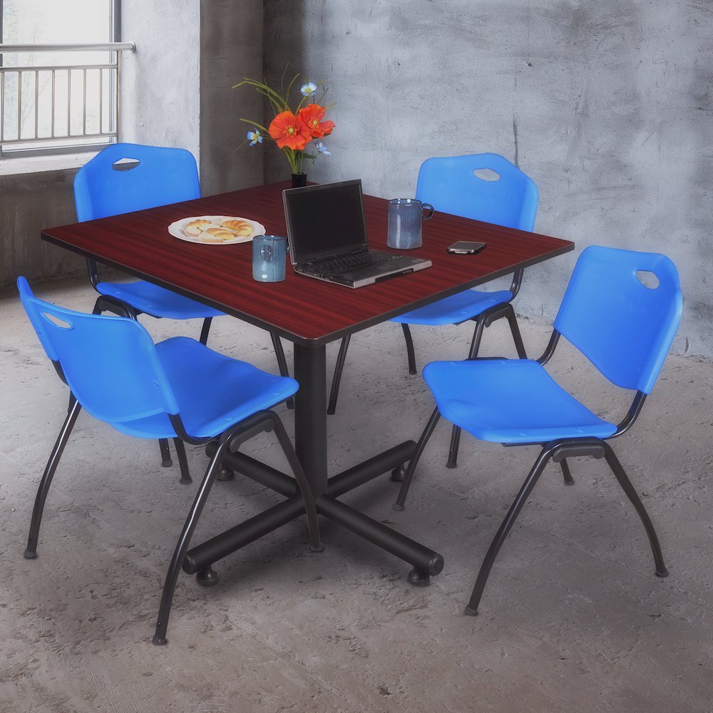 48 in. Square Breakroom Table- Mahogany, 4 M Stack Chairs- Blue