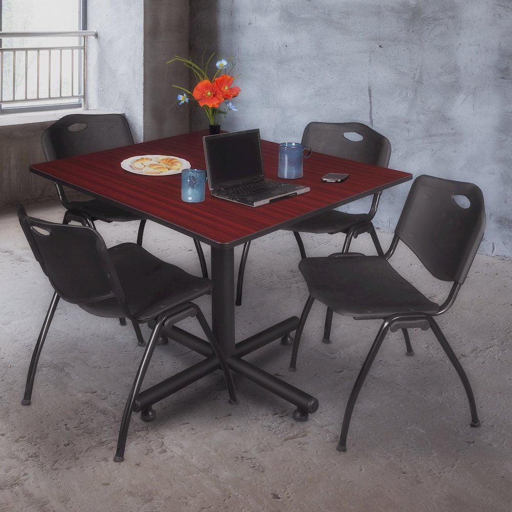 48 in. Square Breakroom Table- Mahogany, 4 M Stack Chairs- Black