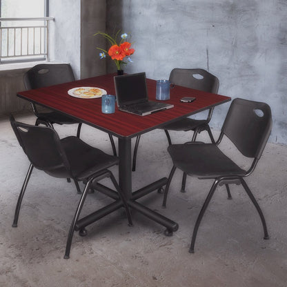 48 in. Square Breakroom Table- Mahogany, 4 M Stack Chairs- Black