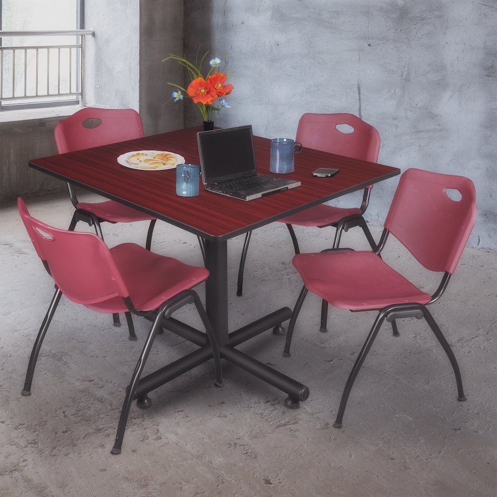 48 in. Square Breakroom Table- Mahogany, 4 M Stack Chairs- Burgundy