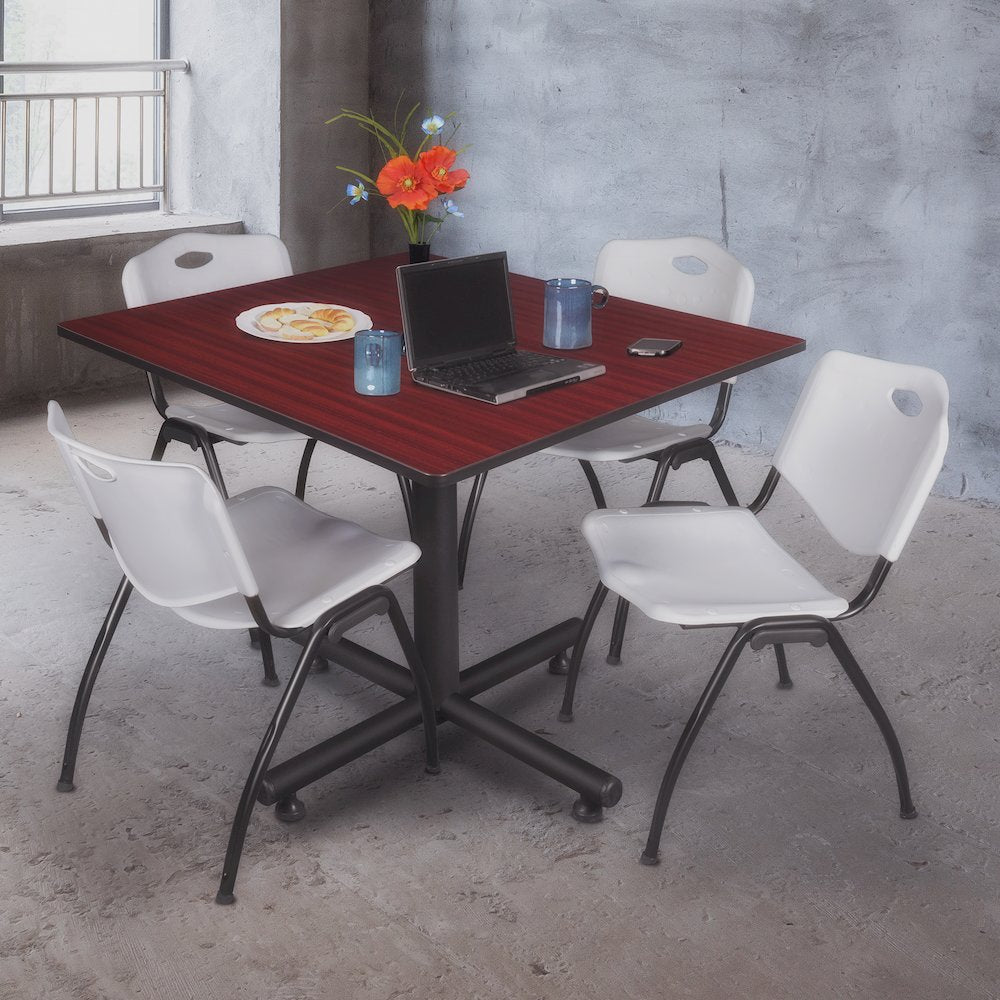 48 in. Square Breakroom Table- Mahogany, 4 M Stack Chairs- Grey