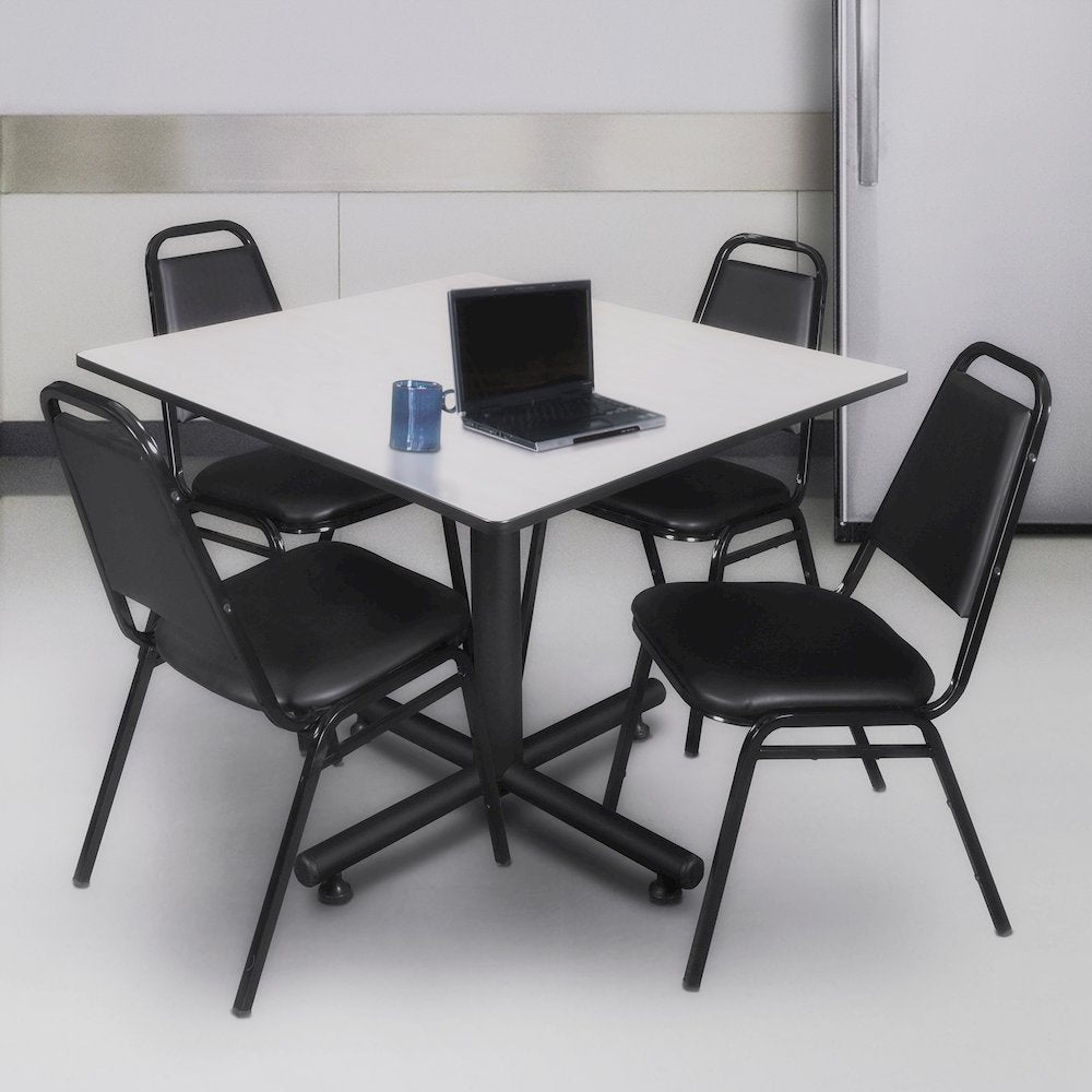 48 in. Square Breakroom Table- Maple, 4 Restaurant Stack Chairs- Black