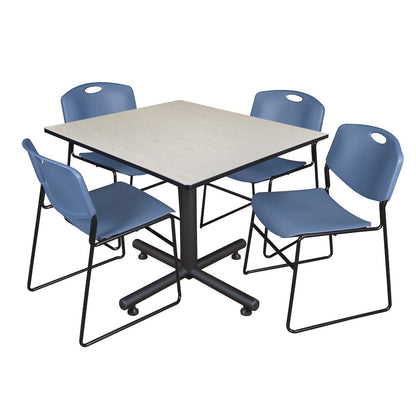 48 in. Square Breakroom Table- Maple, 4 Zeng Stack Chairs- Blue