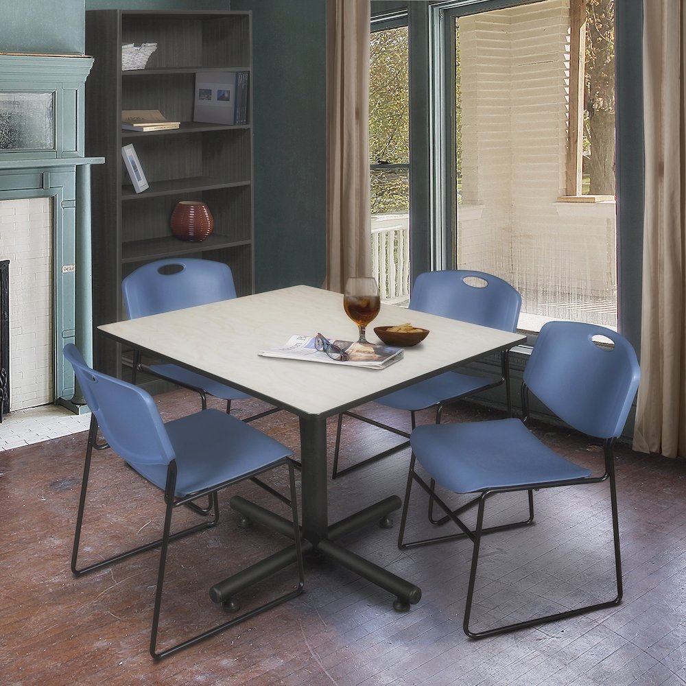 48 in. Square Breakroom Table- Maple, 4 Zeng Stack Chairs- Blue