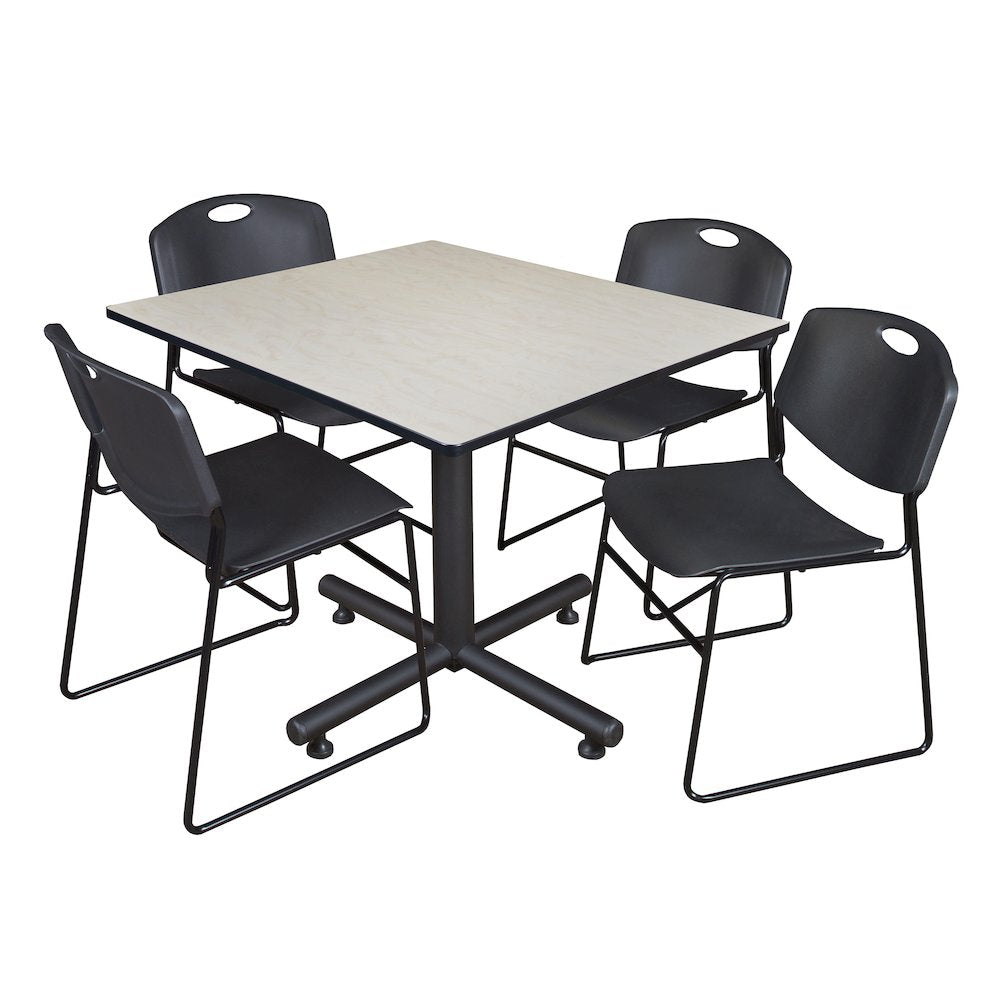 48 in. Square Breakroom Table- Maple, 4 Zeng Stack Chairs- Black