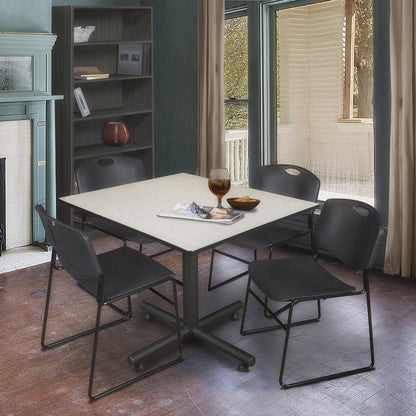 48 in. Square Breakroom Table- Maple, 4 Zeng Stack Chairs- Black