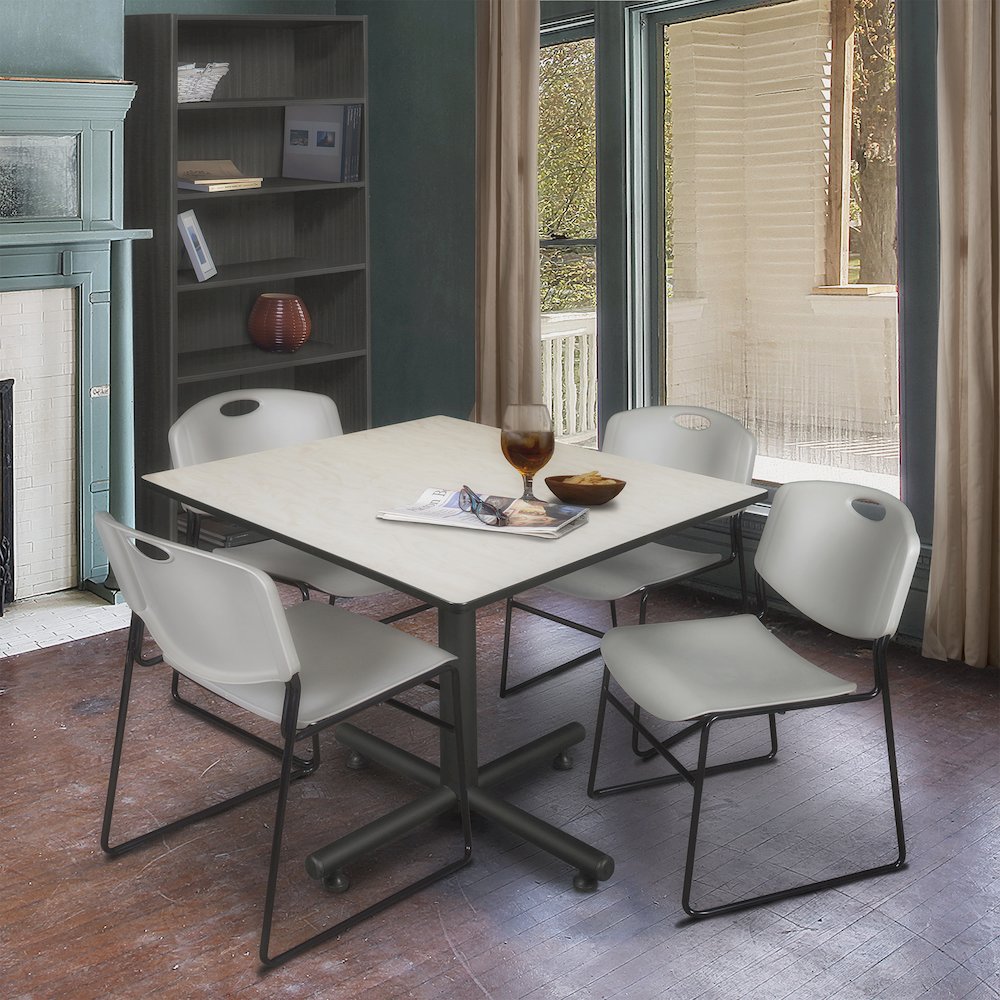 48 in. Square Breakroom Table- Maple, 4 Zeng Stack Chairs- Grey