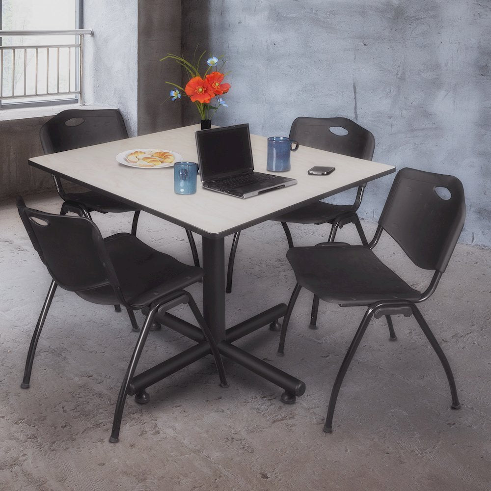 48 in. Square Breakroom Table- Maple, 4 M Stack Chairs- Black