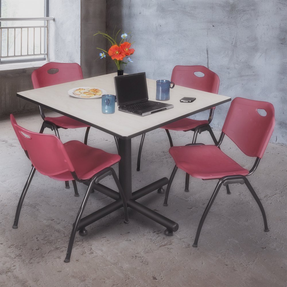 48 in. Square Breakroom Table- Maple, 4 M Stack Chairs- Burgundy