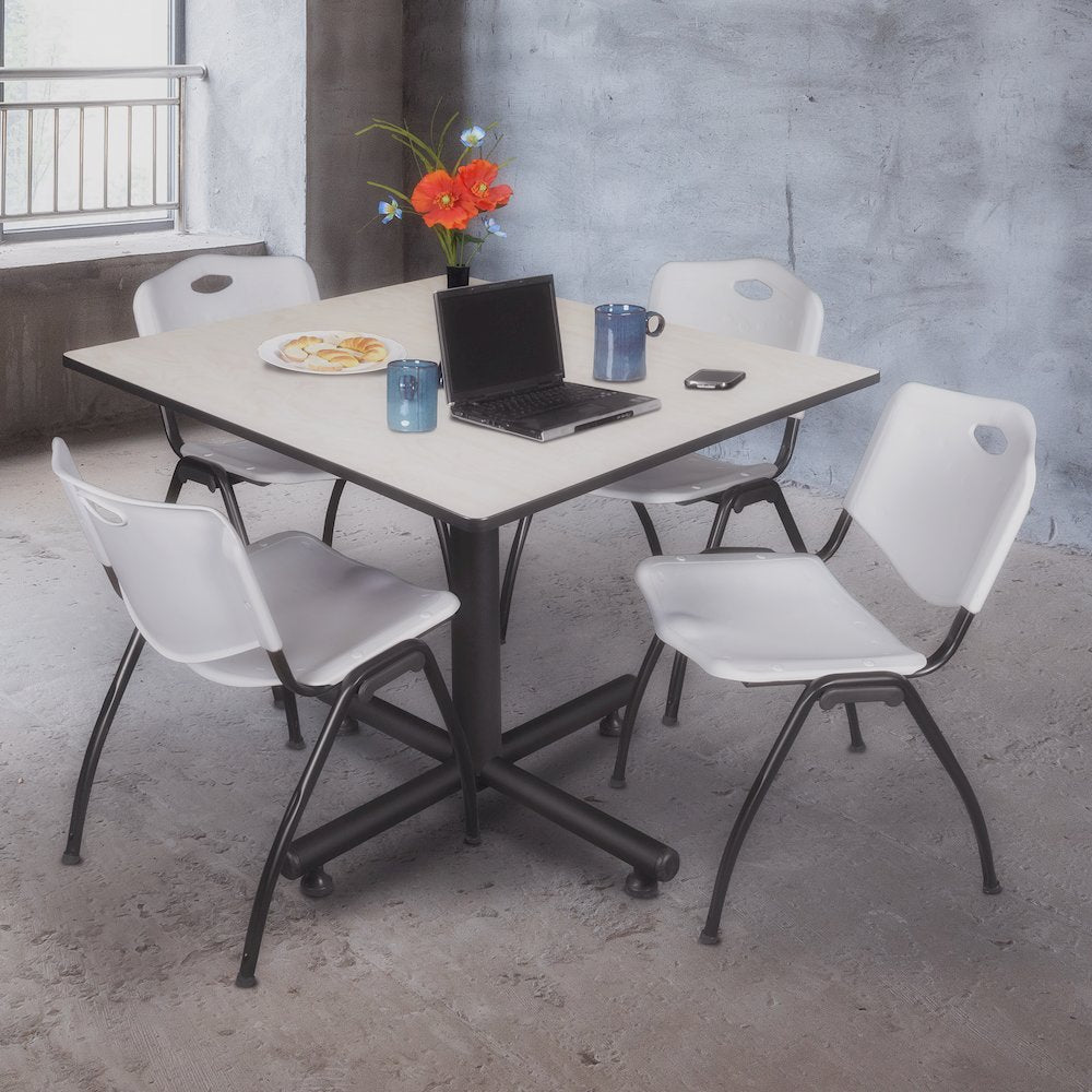 48 in. Square Breakroom Table- Maple, 4 M Stack Chairs- Grey