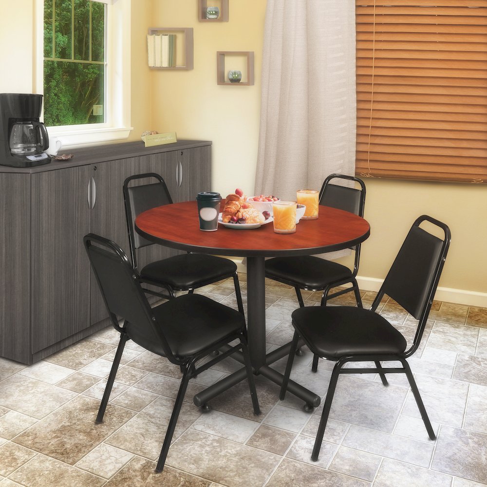 48 in. Round Breakroom Table- Cherry, 4 Restaurant Stack Chairs- Black