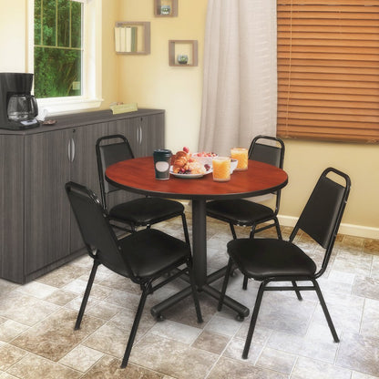 48 in. Round Breakroom Table- Cherry, 4 Restaurant Stack Chairs- Black