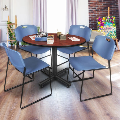 48 in. Round Breakroom Table- Cherry, 4 Zeng Stack Chairs- Blue