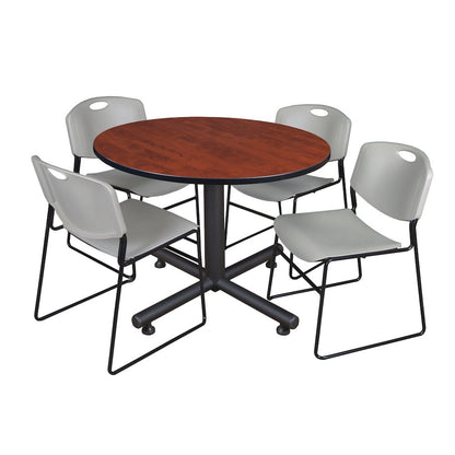 48 in. Round Breakroom Table- Cherry, 4 Zeng Stack Chairs- Grey