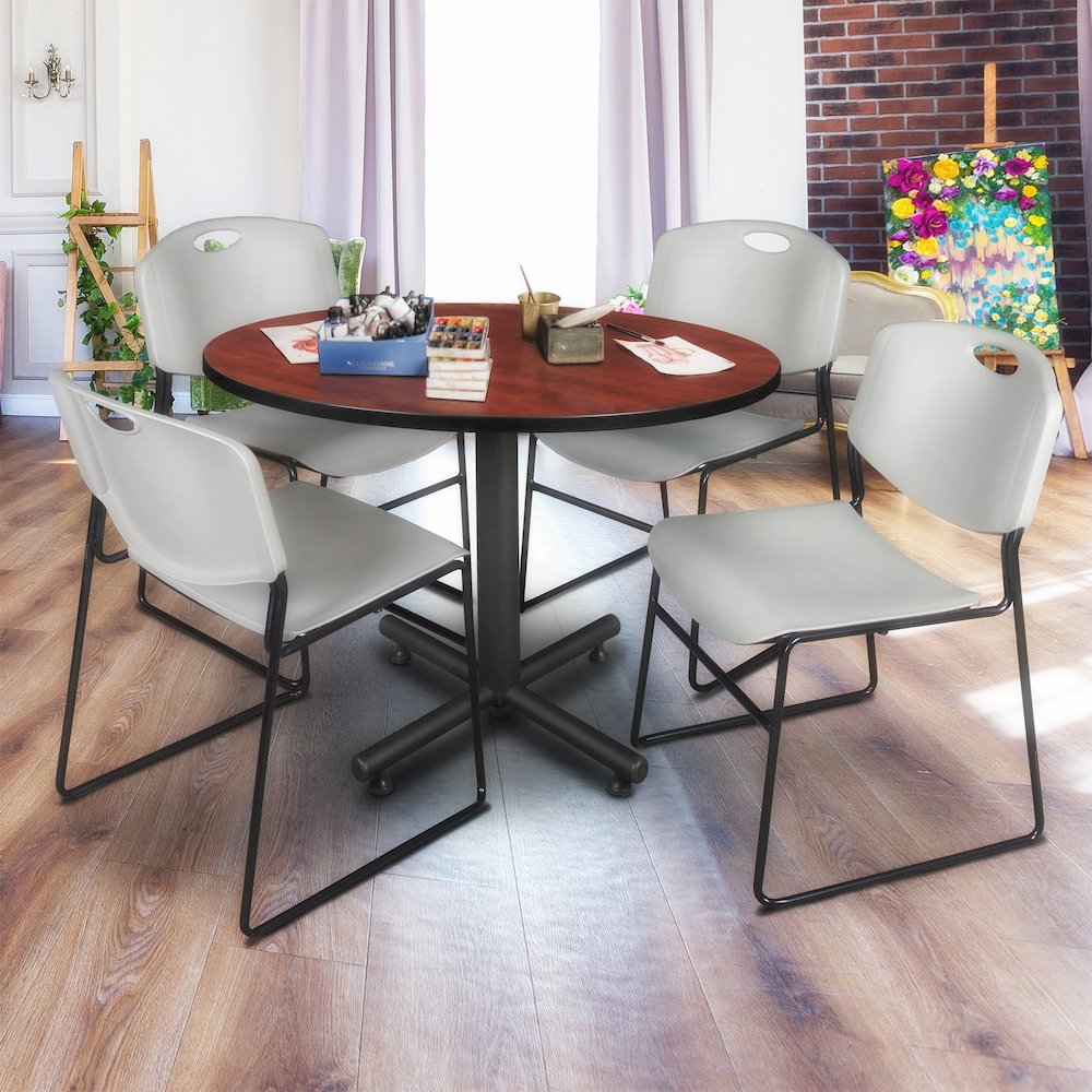 48 in. Round Breakroom Table- Cherry, 4 Zeng Stack Chairs- Grey