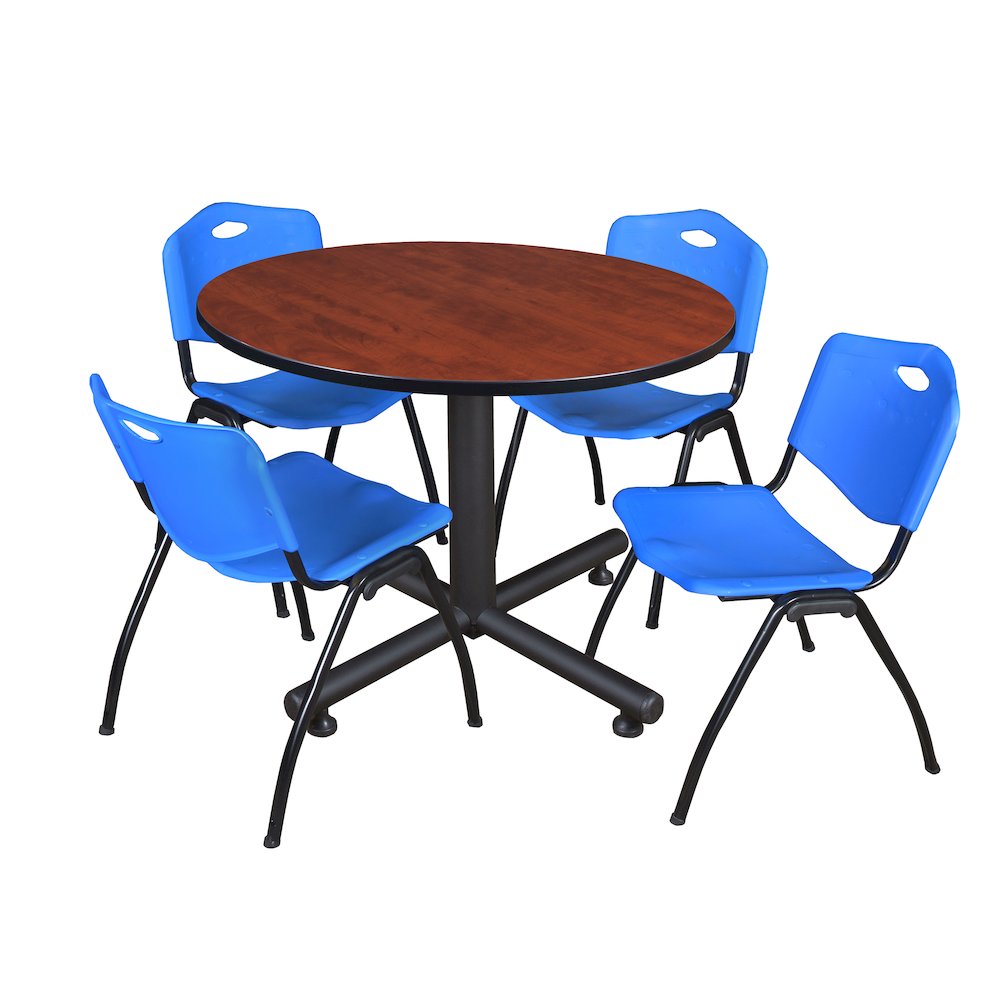 48 in. Round Breakroom Table- Cherry, 4 M Stack Chairs- Blue