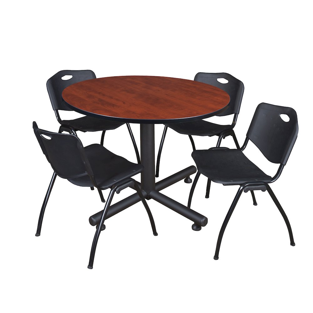 48 in. Round Breakroom Table- Cherry, 4 M Stack Chairs- Black