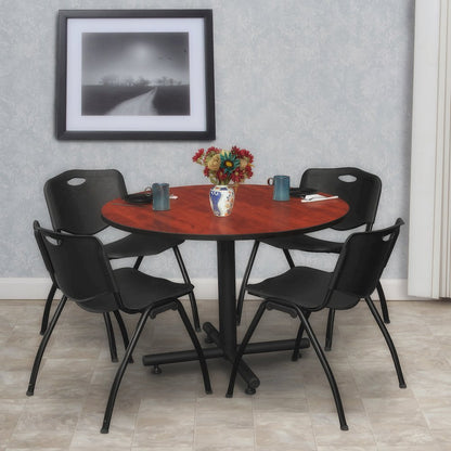 48 in. Round Breakroom Table- Cherry, 4 M Stack Chairs- Black