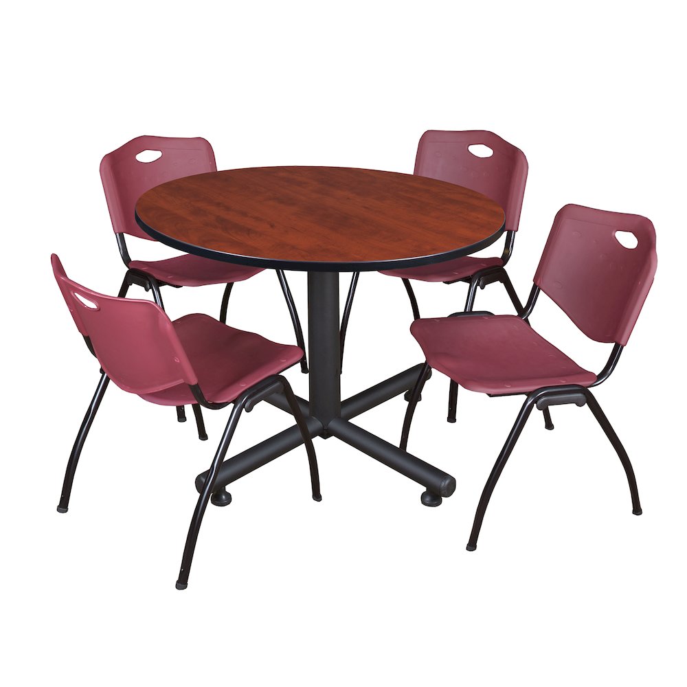48 in. Round Breakroom Table- Cherry, 4 M Stack Chairs- Burgundy