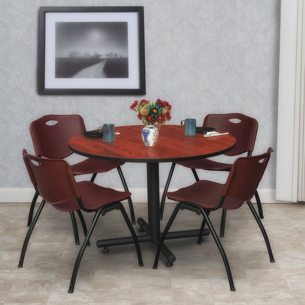 48 in. Round Breakroom Table- Cherry, 4 M Stack Chairs- Burgundy