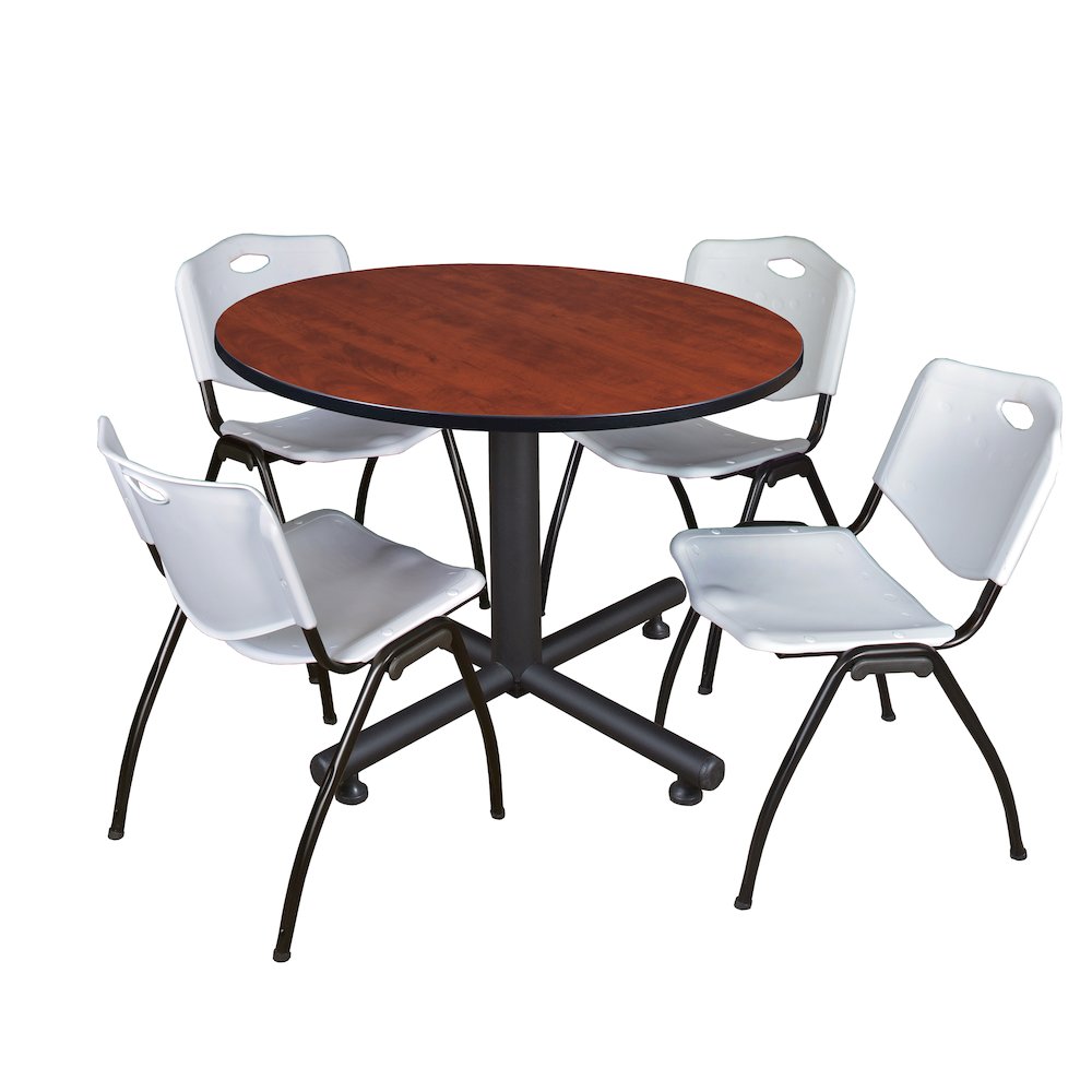 48 in. Round Breakroom Table- Cherry, 4 M Stack Chairs- Grey