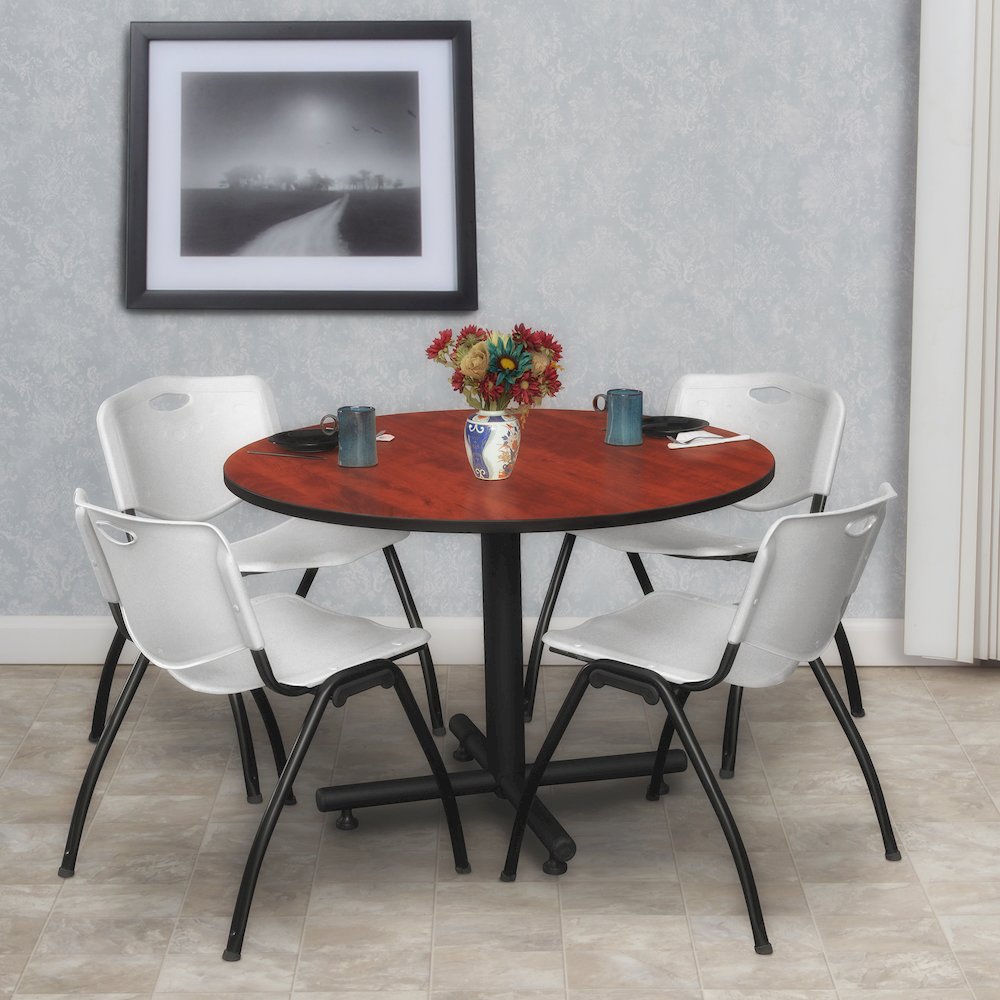 48 in. Round Breakroom Table- Cherry, 4 M Stack Chairs- Grey