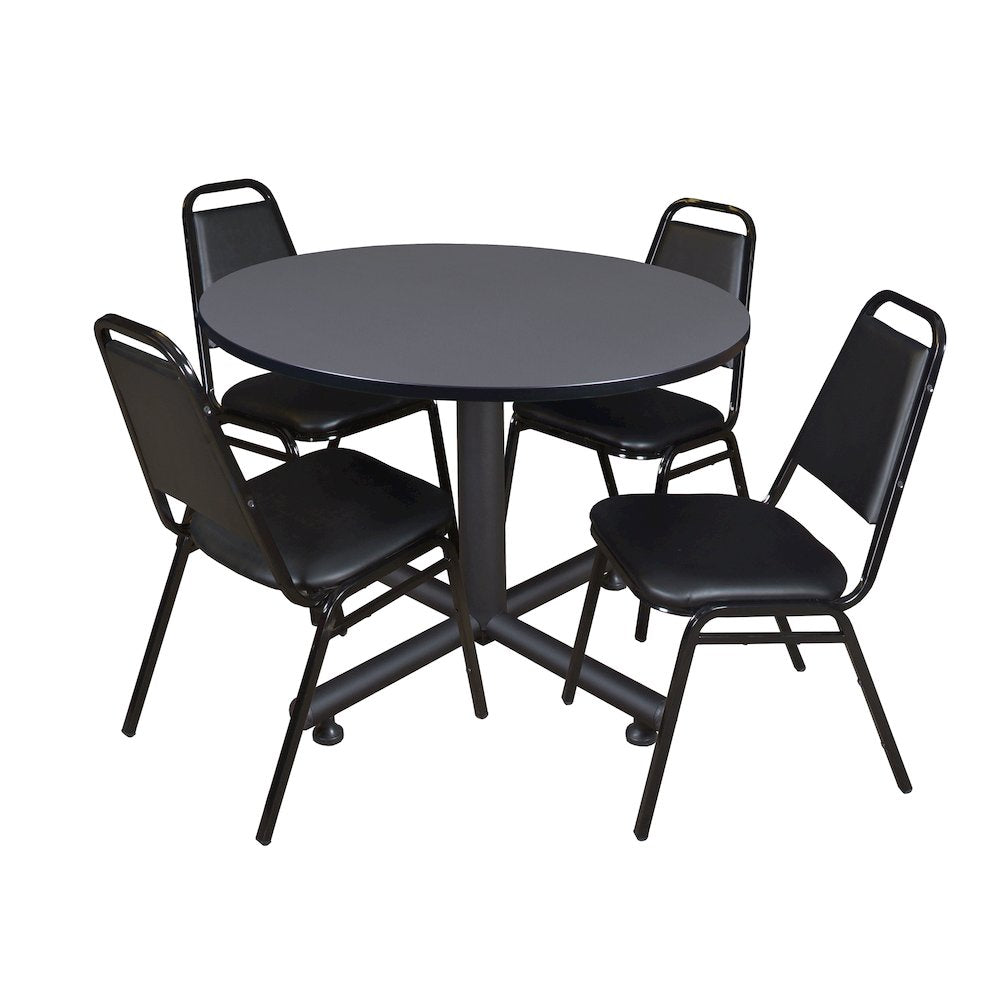 48 in. Round Breakroom Table- Grey, 4 Restaurant Stack Chairs- Black