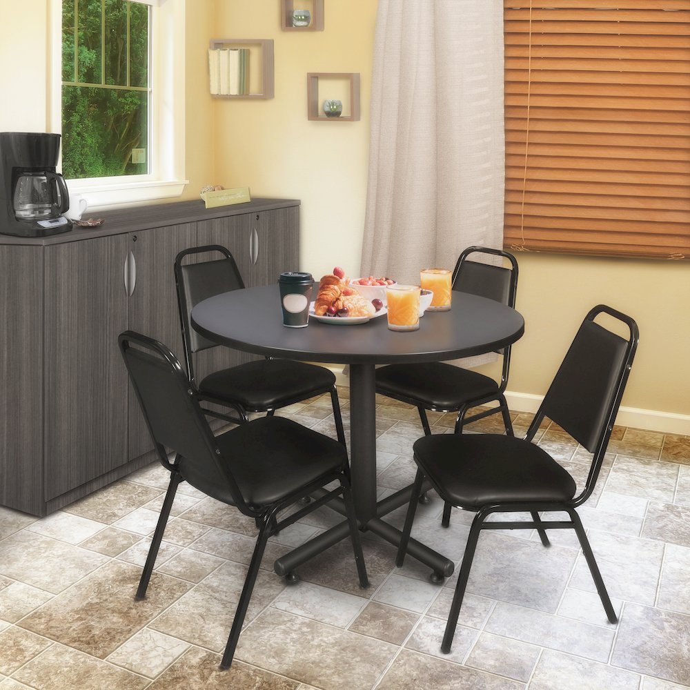 48 in. Round Breakroom Table- Grey, 4 Restaurant Stack Chairs- Black