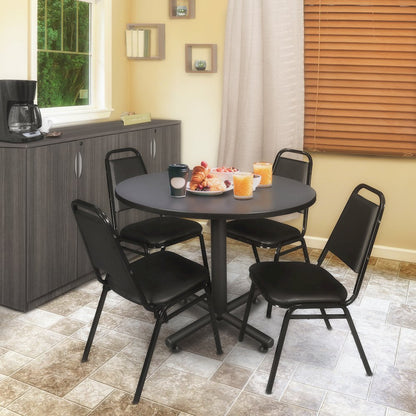 48 in. Round Breakroom Table- Grey, 4 Restaurant Stack Chairs- Black