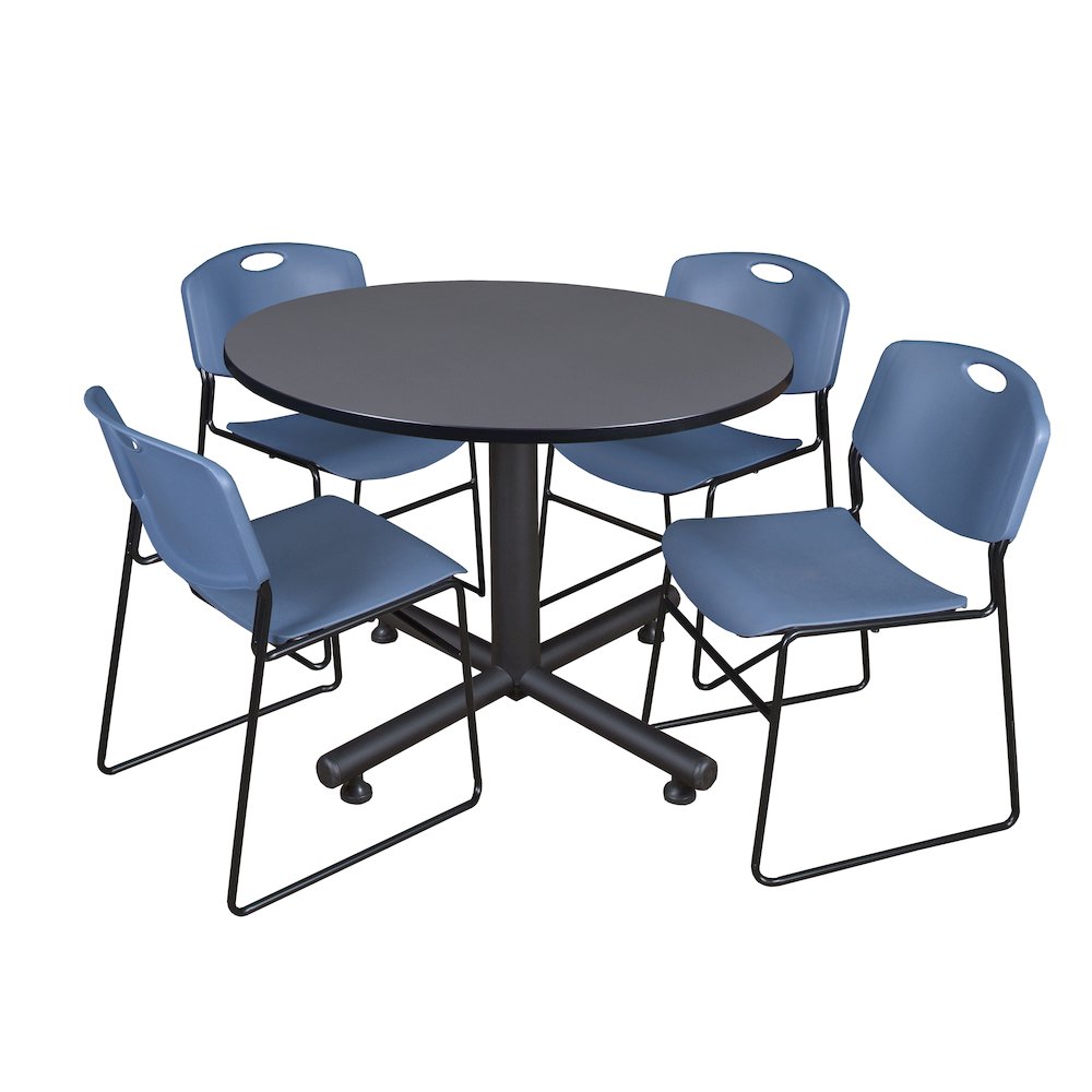 48 in. Round Breakroom Table- Grey, 4 Zeng Stack Chairs- Blue
